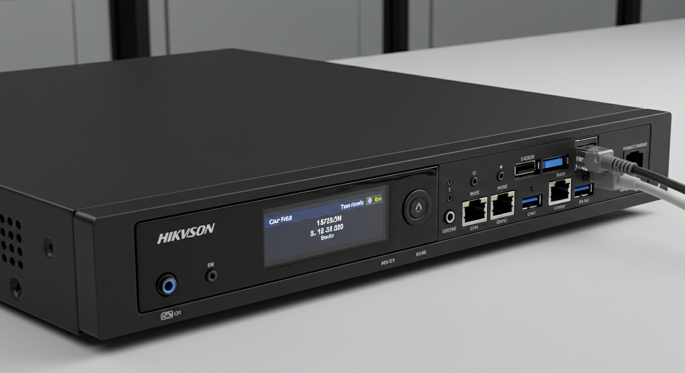 Ilustración de un grabador DVR/NVR con discos duros, representando el almacenamiento de video de seguridad.