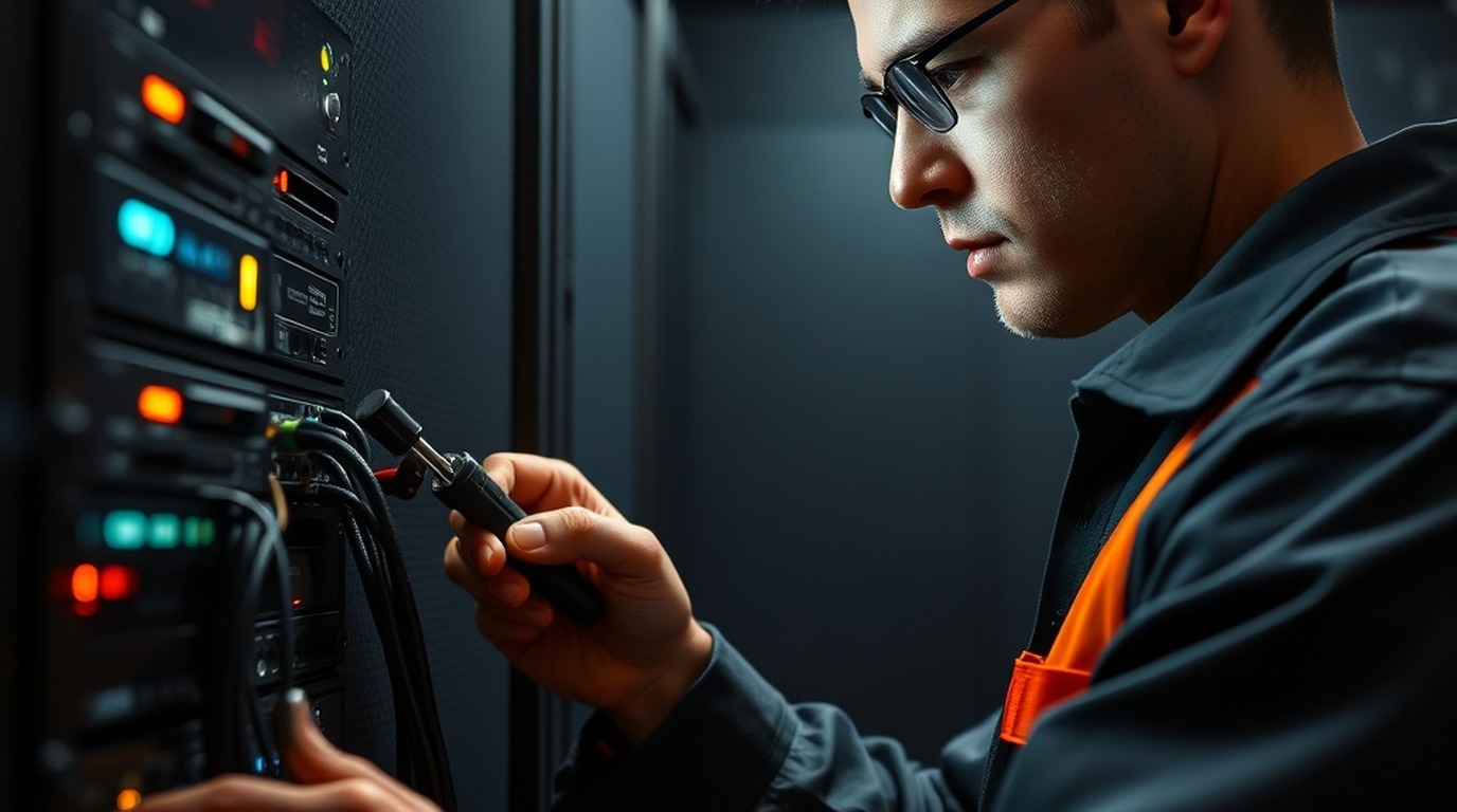 Primer plano de un técnico inspeccionando un servidor con herramientas y luces dramáticas en un centro de datos moderno.