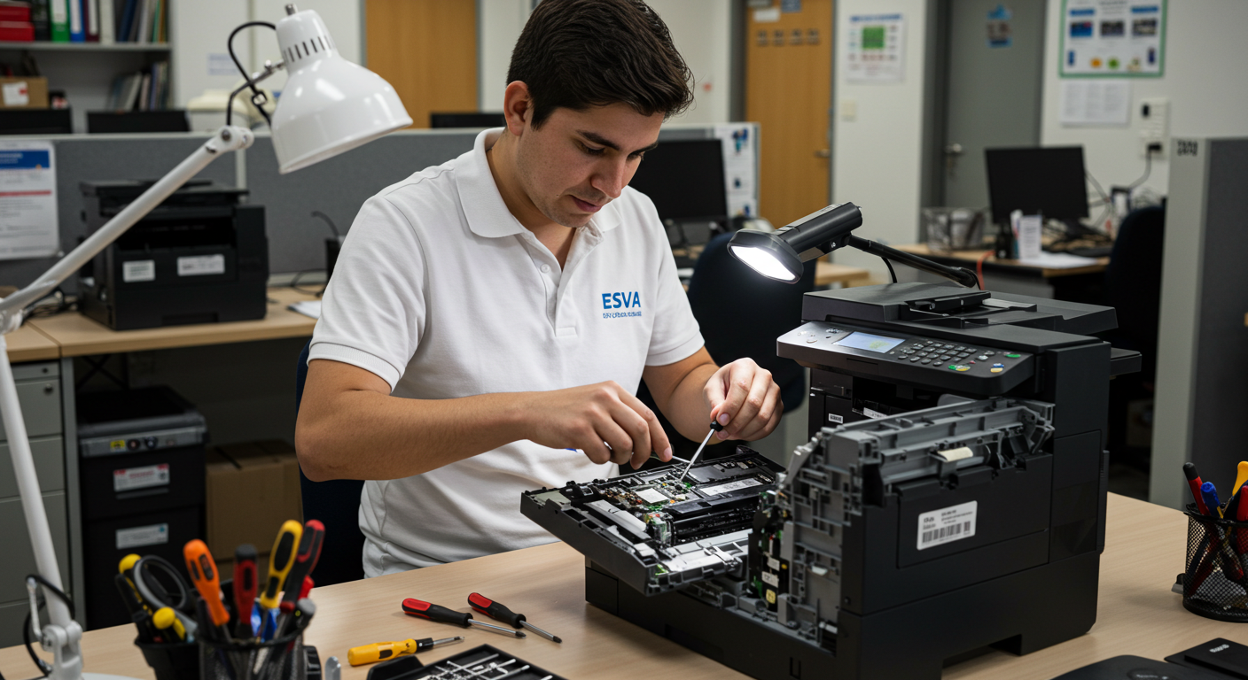Técnico de ESVA reparando impresora en oficina de Piura