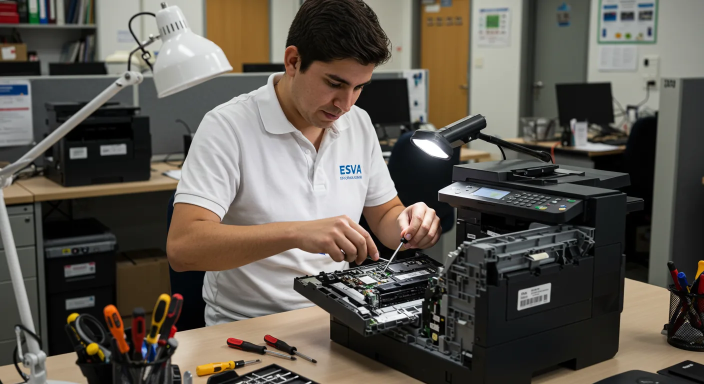 Técnico de ESVA reparando impresora en oficina de Piura