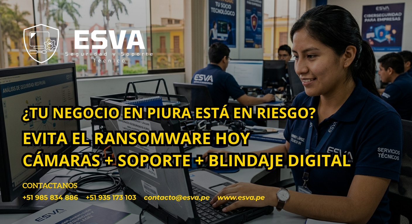 Empresario en Piura protegiendo su laptop contra ataques de ransomware con el soporte de ESVA.