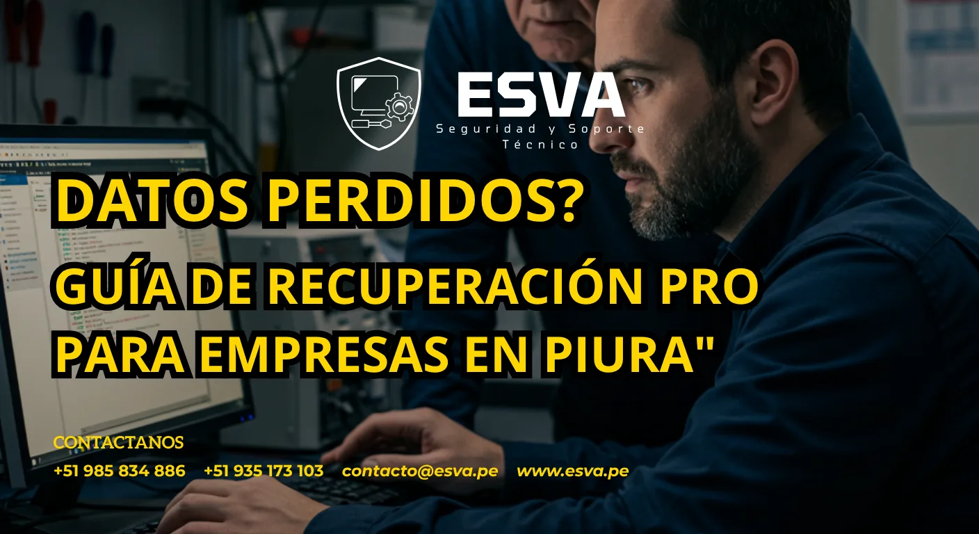 Técnico especialista de ESVA realizando recuperación de datos de un disco duro empresarial en Piura.