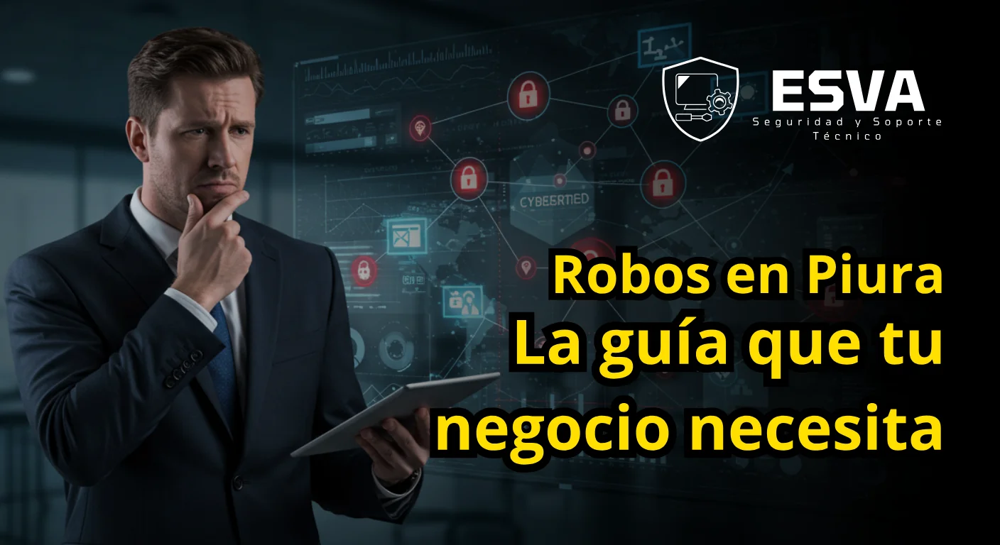Empresario preocupado mirando un gráfico de ciberseguridad con candados y amenazas digitales.
