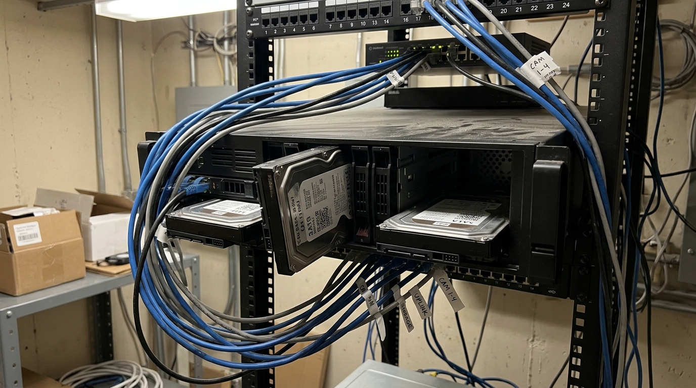Servidor de cámaras de seguridad con discos duros expuestos