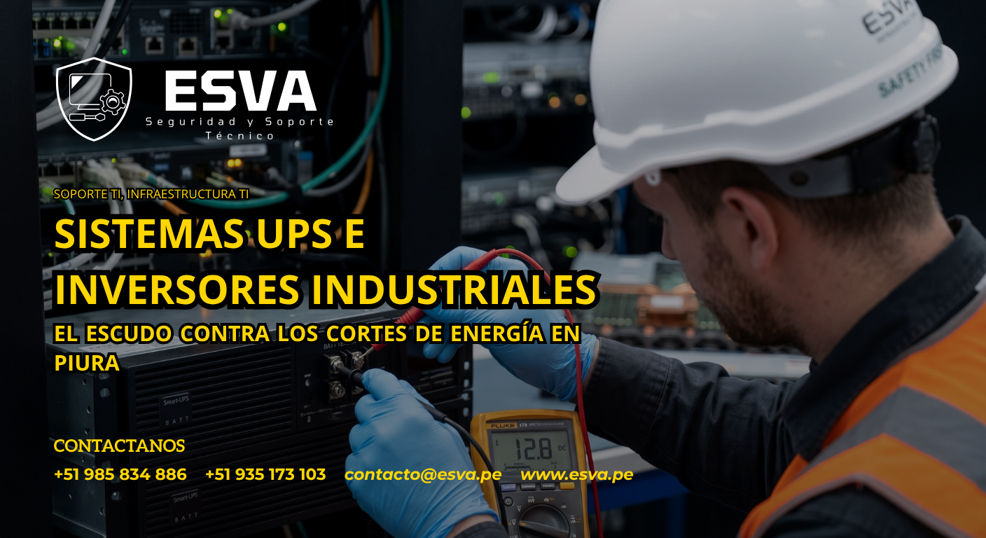 Técnico de ESVA realizando el mantenimiento y medición de voltaje de un sistema UPS de rack industrial