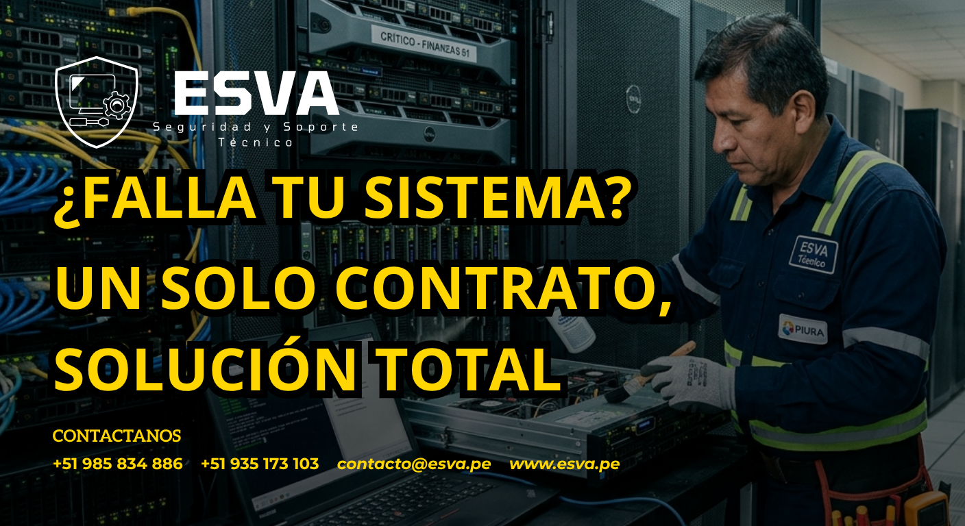 Técnico de ESVA revisando rack de comunicaciones y cámaras en oficina