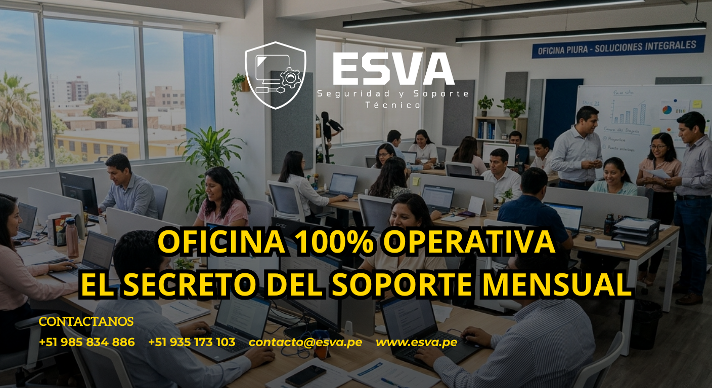 Técnico de ESVA realizando mantenimiento preventivo en oficina de Piura