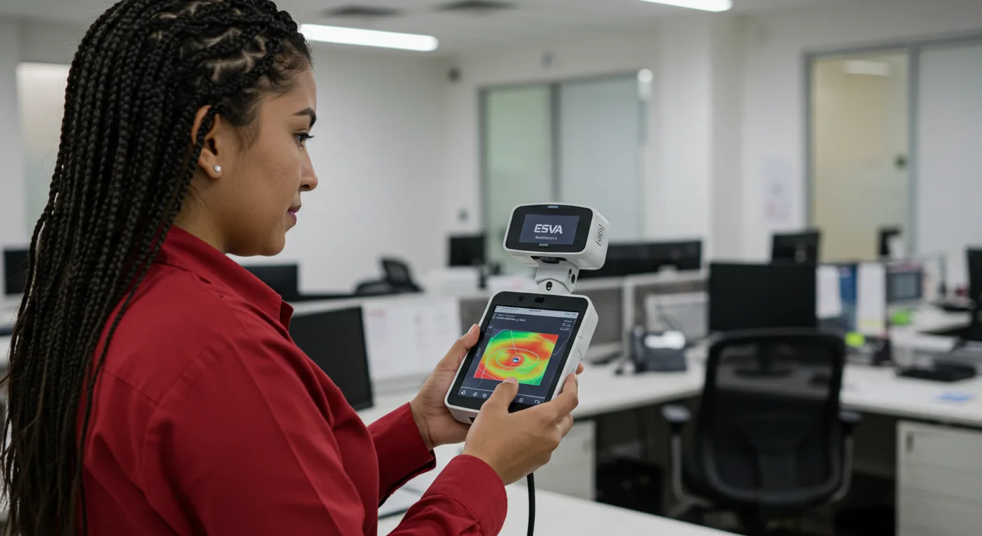Técnico de ESVA realizando un análisis de la red WiFi en una empresa en Piura