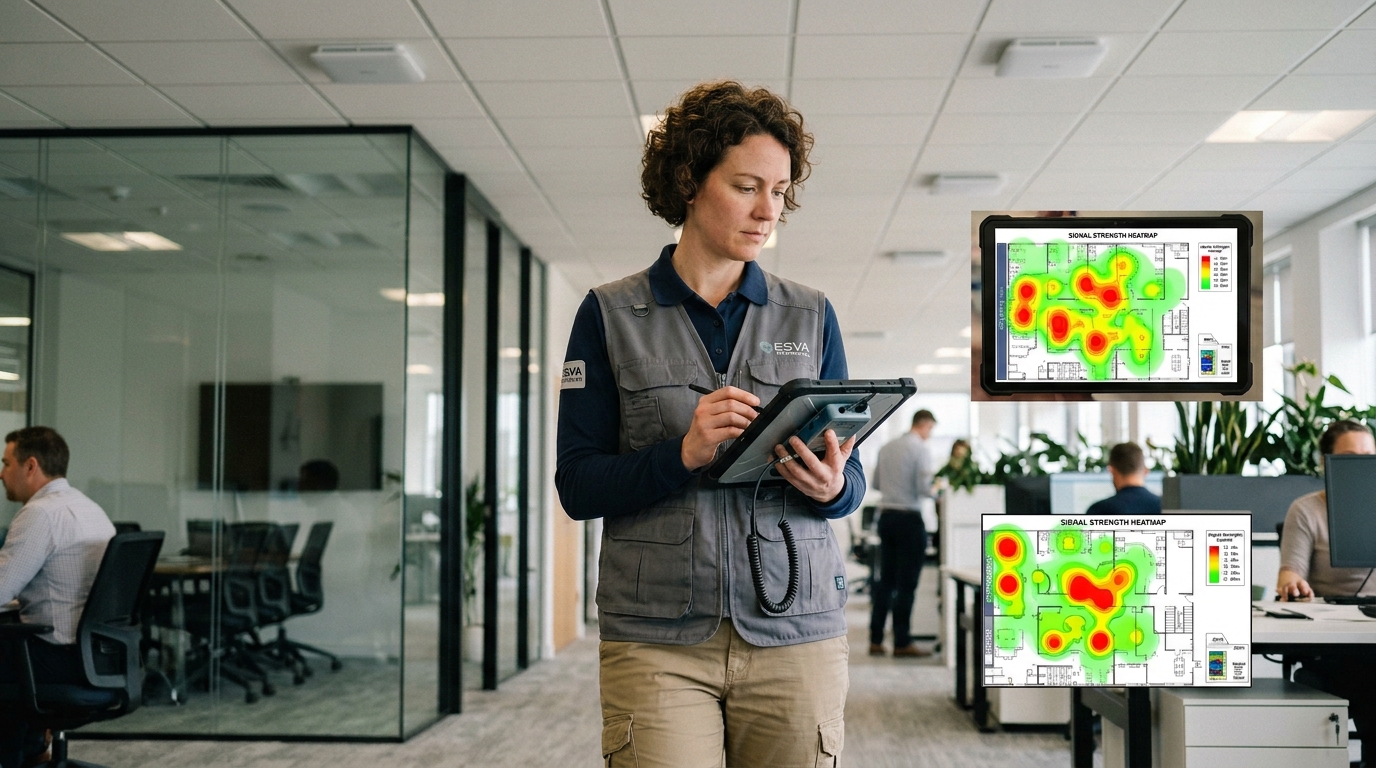 Técnico de ESVA realizando mapeo térmico de WiFi Técnico de ESVA realizando mapeo térmico de WiFi
