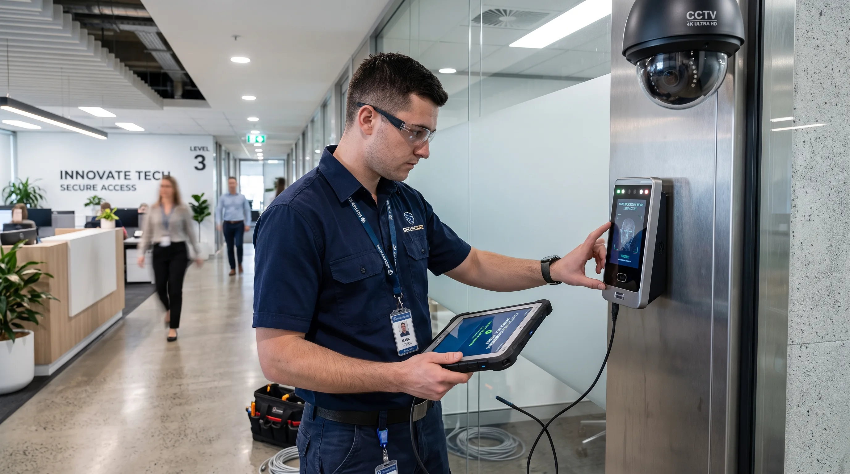 técnico de ESVA configurando un biométrico facial al lado de una cámara domo instalada en una oficina moderna