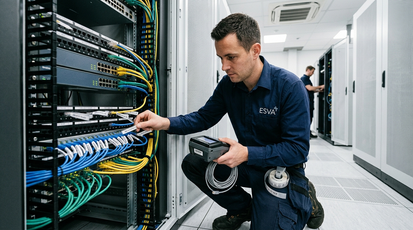 Técnico de ESVA etiquetando puntos de red en Piura