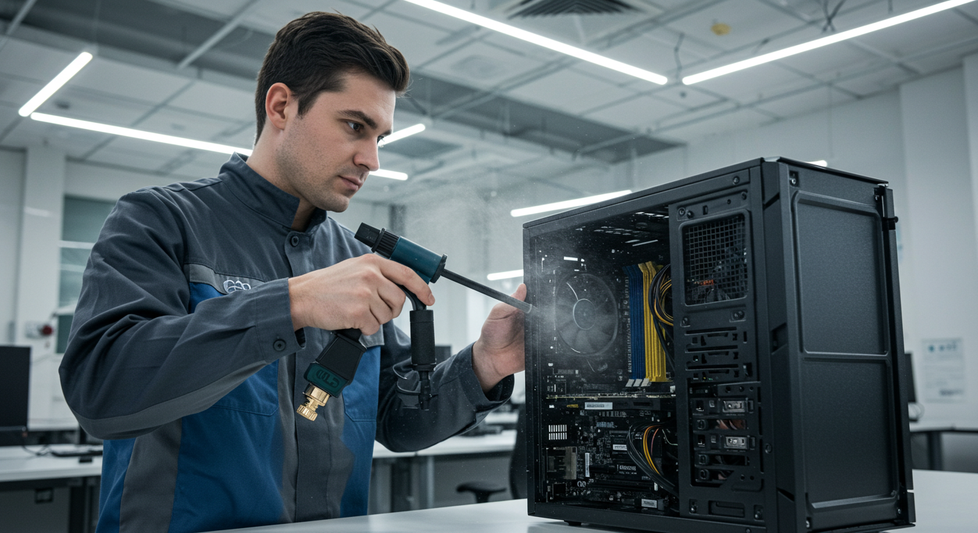 Técnico de ESVA limpiando una pc con un compresor de aire