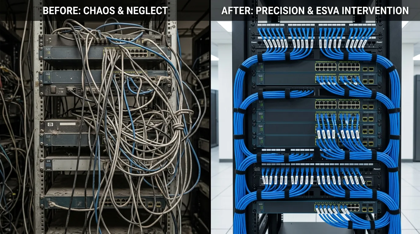 Mostrando un antes y después de un rack de comunicaciones peinado y ordenado por ESVA