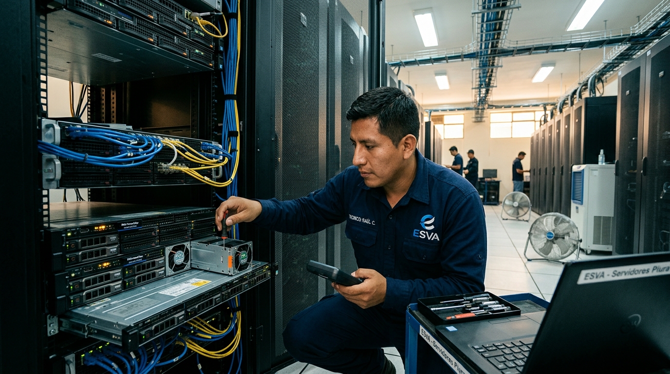 Técnico de ESVA limpiando servidor con aire comprimido en Piura