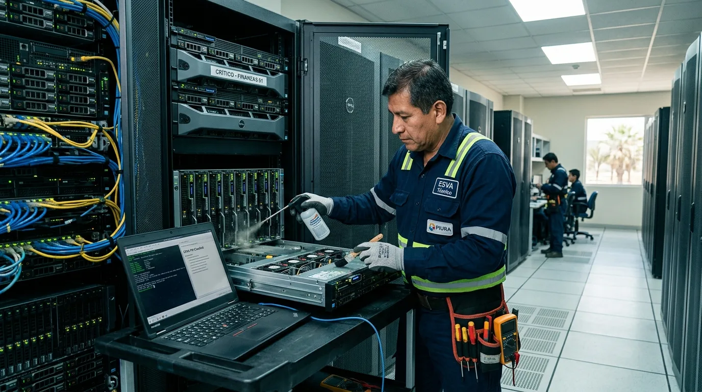 Técnico de ESVA realizando mantenimiento preventivo a un servidor corporativo en Piura