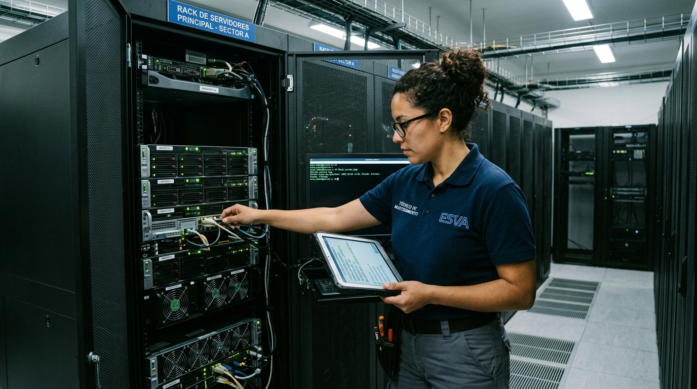 Técnico de ESVA realizando mantenimiento preventivo a servidores