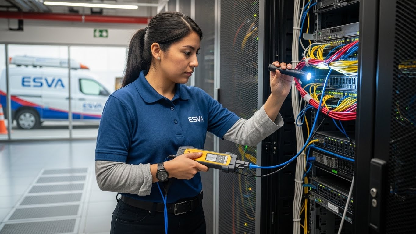Un técnico de ESVA, con uniforme y herramientas profesionales, realiza mantenimiento a un rack de servidores en una empresa de Piura, demostrando la importancia del soporte técnico especializado.