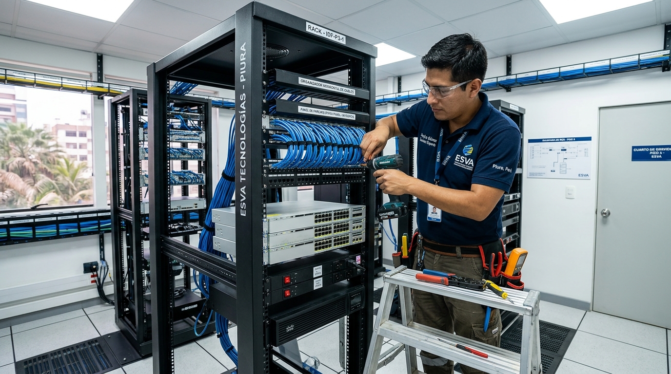 Técnico de ESVA organizando un rack de comunicaciones profesional