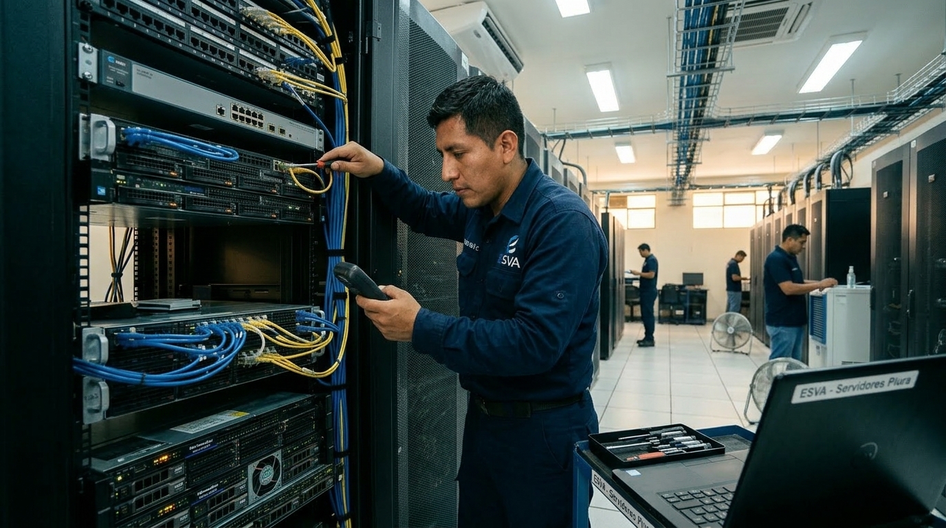 Técnico de ESVA realizando mantenimiento a rack de comunicaciones