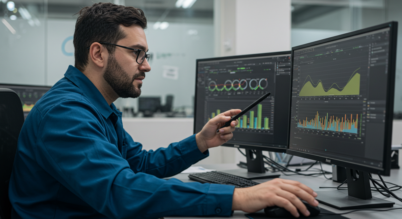 Técnico de ESVA analizando gráficos de rendimiento en un monitor en un entorno de oficina en Piura, solucionando un problema de lentitud en una computadora.