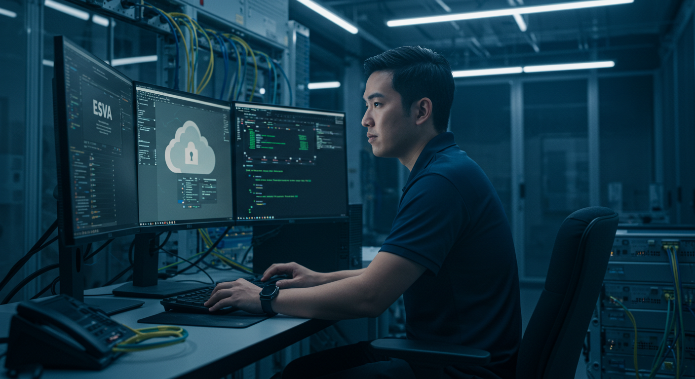 Técnico de ESVA asegurando datos en la nube antes de una actualización de sistema