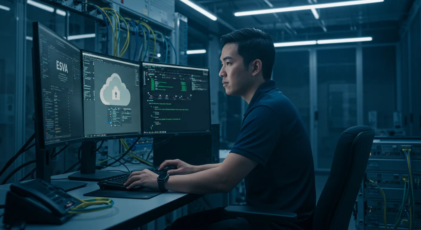 Técnico de ESVA asegurando datos en la nube antes de una actualización de sistema