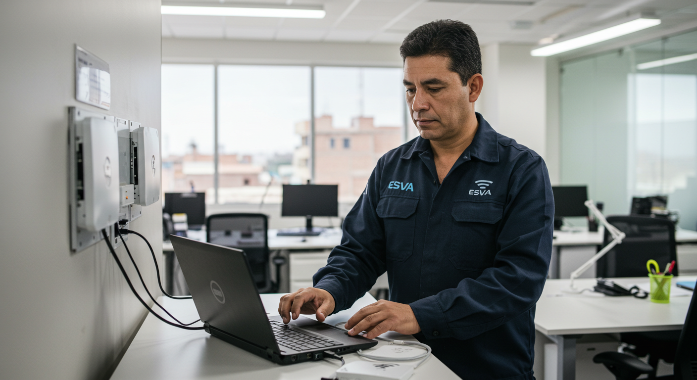 Técnico de ESVA configurando red WiFi en oficina moderna en Piura.